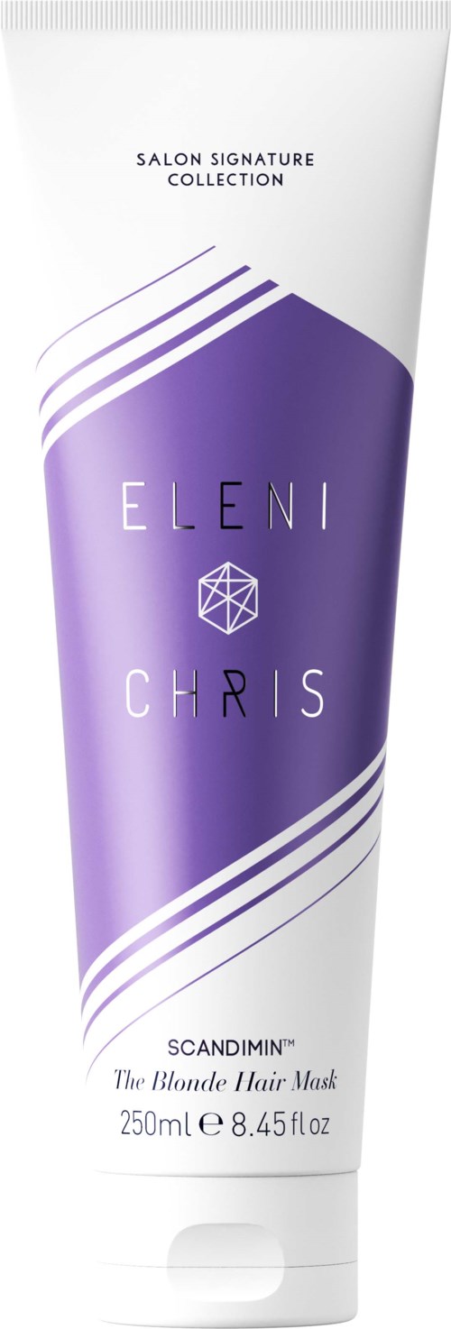 A white tube with purple design, text for salon products, and the names Eleni and Chris. It is a hair mask.