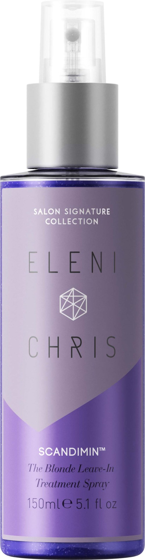 A purple spray bottle labeled 'Eleni Chris' and 'Scandimin.' It is a treatment spray with a pump top.