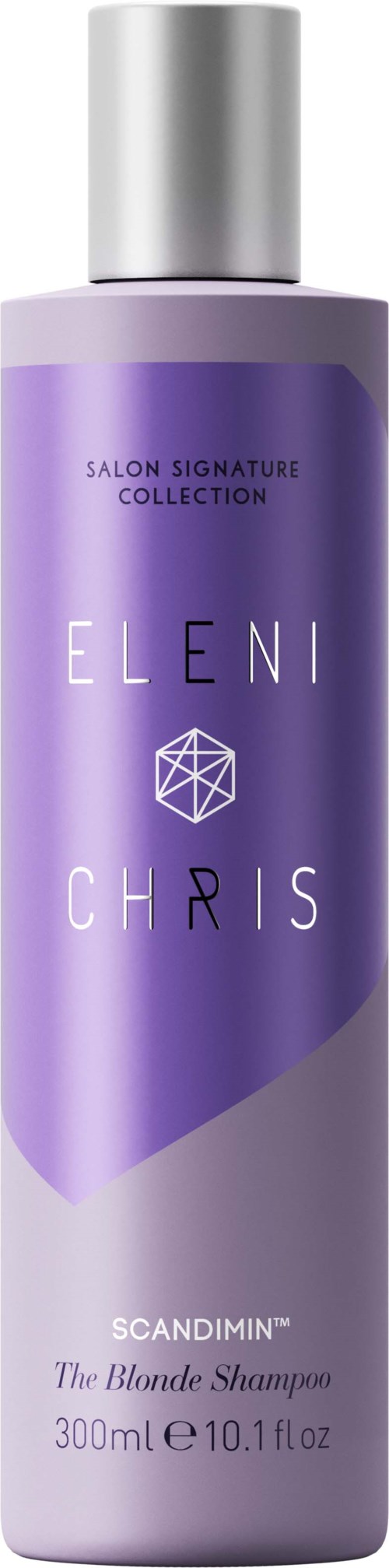 Lila Flasche Eleni Chris Shampoo aus der Salon Signature Collection, 300ml. Text und Logo auf der Flasche.