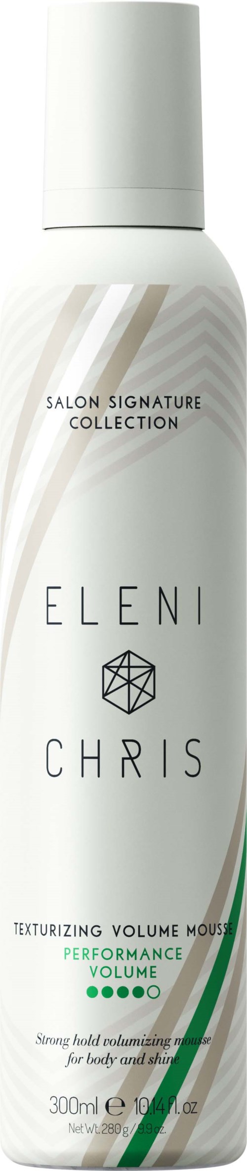 En vit flaska med hårprodukter med gröna och beige detaljer, märkt 'Eleni Chris' och 'Texturizing Volume Mousse.'