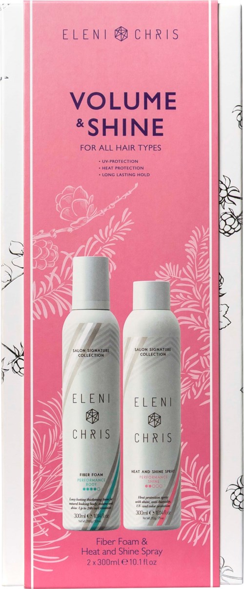 Pink box with two white spray bottles and text about hair care products and volume. Floral design in background.