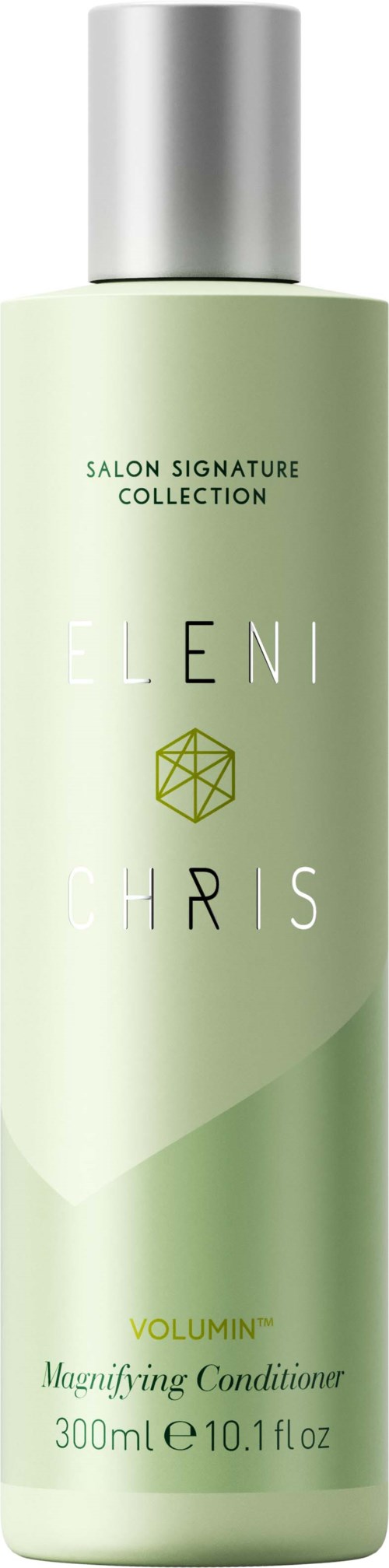 Eine hellgrüne Flasche mit Volumen förderndem-conditioner von Eleni Chris mit silberner Kappe.