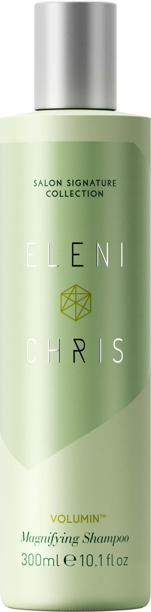 Eine hellgrüne Shampooflasche mit silberner Kappe, beschriftet Eleni Chris Voluminizing Shampoo von der Salon Signature Collection.