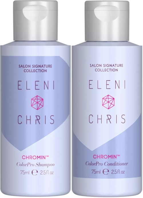 Zwei Flaschen Haarpflegeprodukte, Shampoo und Conditioner, mit lila und weißen Etiketten, jeweils 75 ml.
