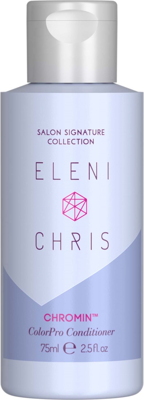 Eine Flasche Eleni und Chris Chromin Farbpflegespülung mit weißem Deckel und helllila Etikett.