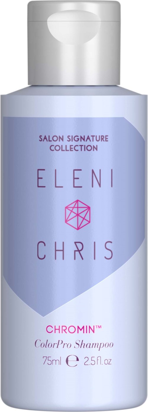 Eine hellviolette Flasche mit weißem Deckel, gekennzeichnet Eleni Chris Chrome ColorPro Shampoo, 75ml für Haarpflege.