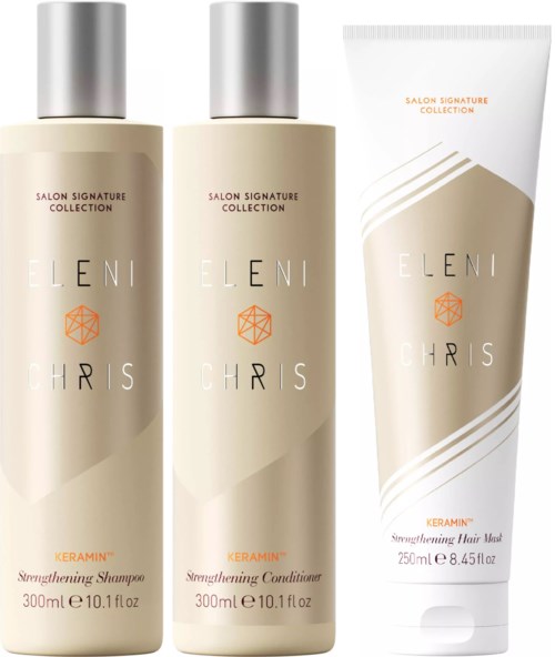 Drei Haarpflegeprodukte: Shampoo, Conditioner und Haarmaske, alle aus der Salon Signature Collection von Eleni.