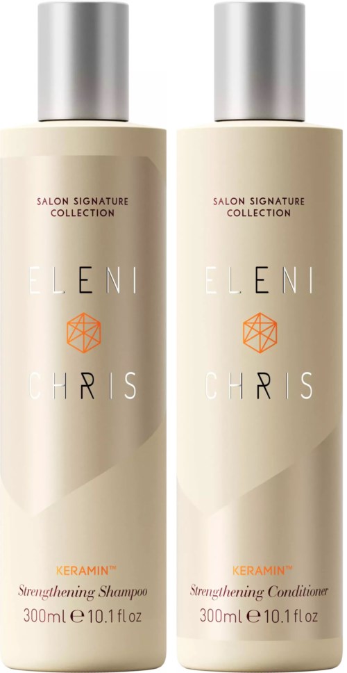 Zwei Flaschen Haarpflegeprodukte, Shampoo und Conditioner, aus der Eleni Chris Salon Signature Collection.
