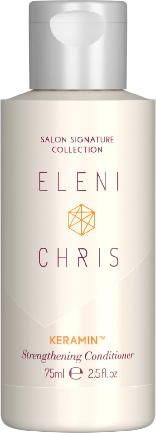 Eine weiße Flasche mit Silberkappe, beschriftet Keratin-Stärkender Conditioner, 75 ml, Teil der Eleni und Chris Sammlung.