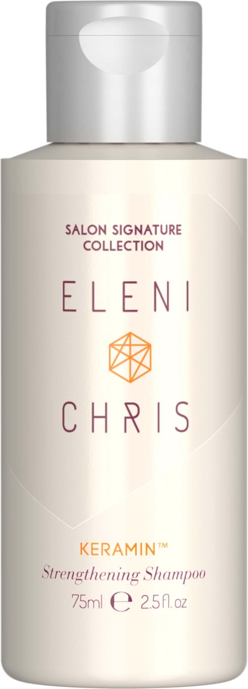 Eine Shampooflasche mit weißem und orangefarbenem Design, gekennzeichnet als Keramin Strengthening Shampoo, 75ml, Teil der Eleni Chris Kollektion.