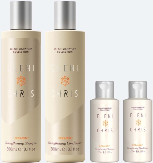 Vier Flaschen Haarpflegemittel, zwei große Shampoo- und Conditioner-Flaschen, und zwei kleine Reisegrößen.