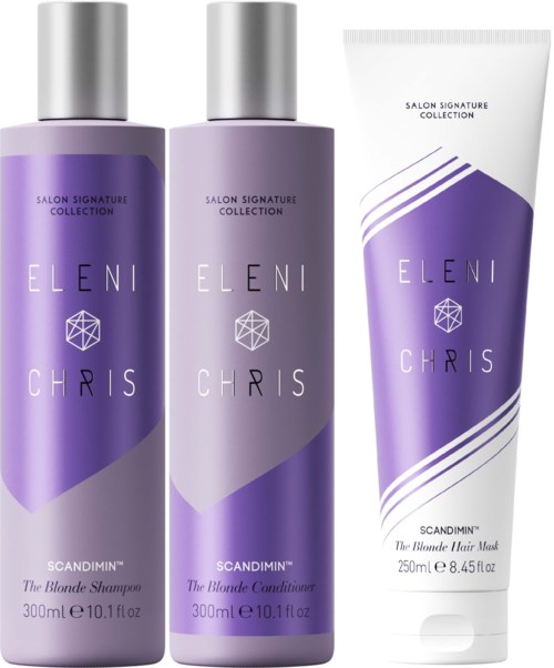 Two purple hair care bottles and one white tube, all labeled 'Eleni' and 'Chris' with product names.