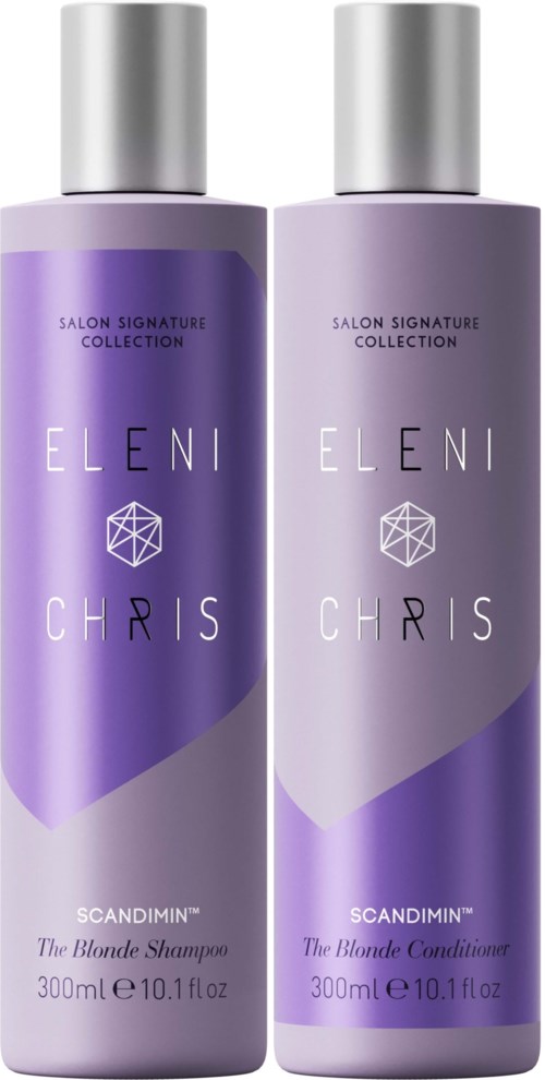 To lilla flasker med hårpleieprodukter fra ELENI CHRIS Salon Signature Collection, en for sjampo og en for balsam.
