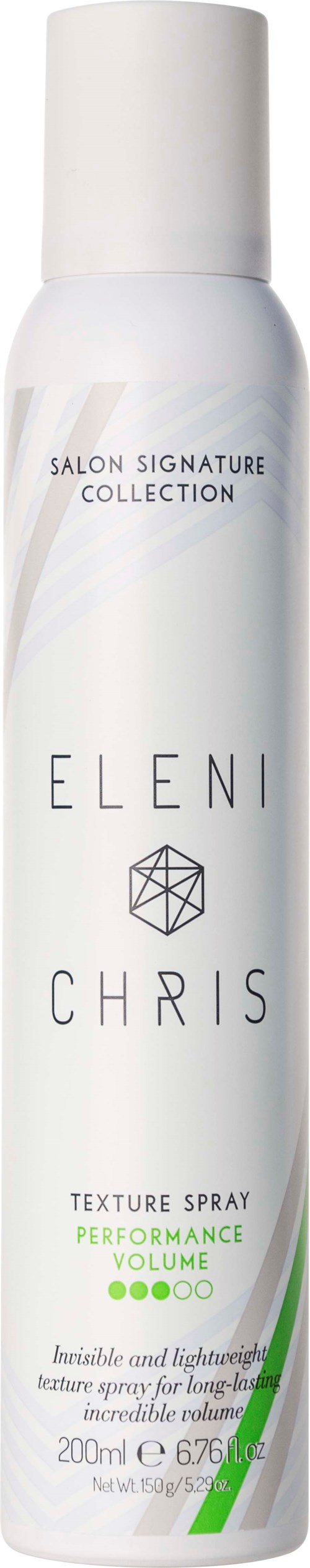 Eine weiße Sprayflasche mit schwarzem Text und grünen Akzenten, bezeichnet als Eleni Chris Textur-Spray für Volumen und Leistung.