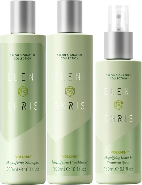 Three green hair care bottles, one with a spray nozzle, labeled for shampoo, conditioner, and treatment spray.
