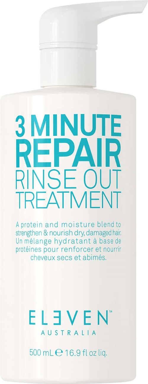 A white bottle with a pump contains a hair treatment called 3 Minute Repair Rinse Out Treatment by ELEVEN Australia.