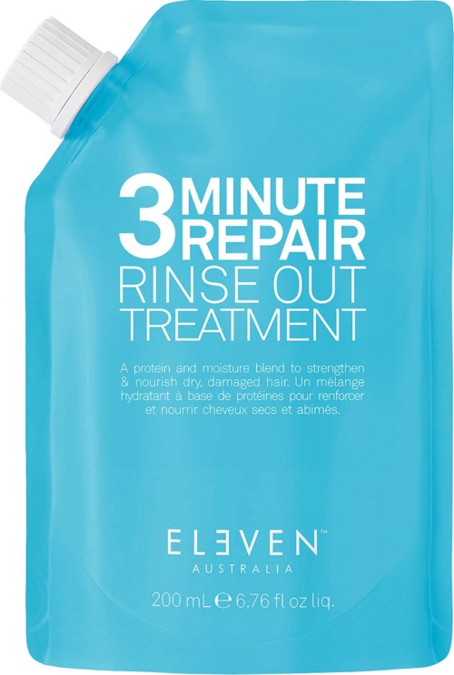 Blue refill pouch of hair treatment labeled '3 Minute Repair Rinse Out Treatment' by Eleven Australia.