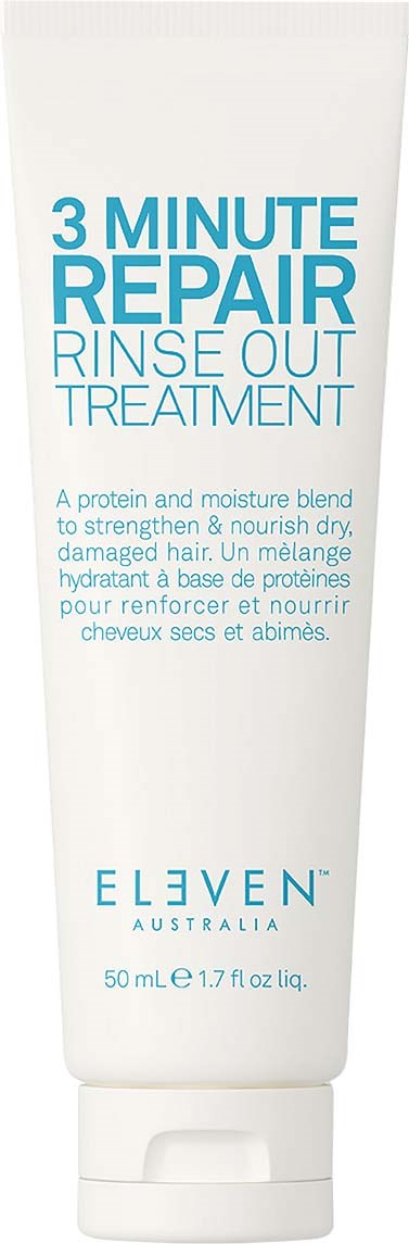 A white tube of hair treatment with blue text, called 3 Minute Repair Rinse Out Treatment, by Eleven Australia.