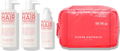 Set of three ELVEN hair care bottles and a red cosmetic bag with ELVEN AUSTRALIA printed on it.