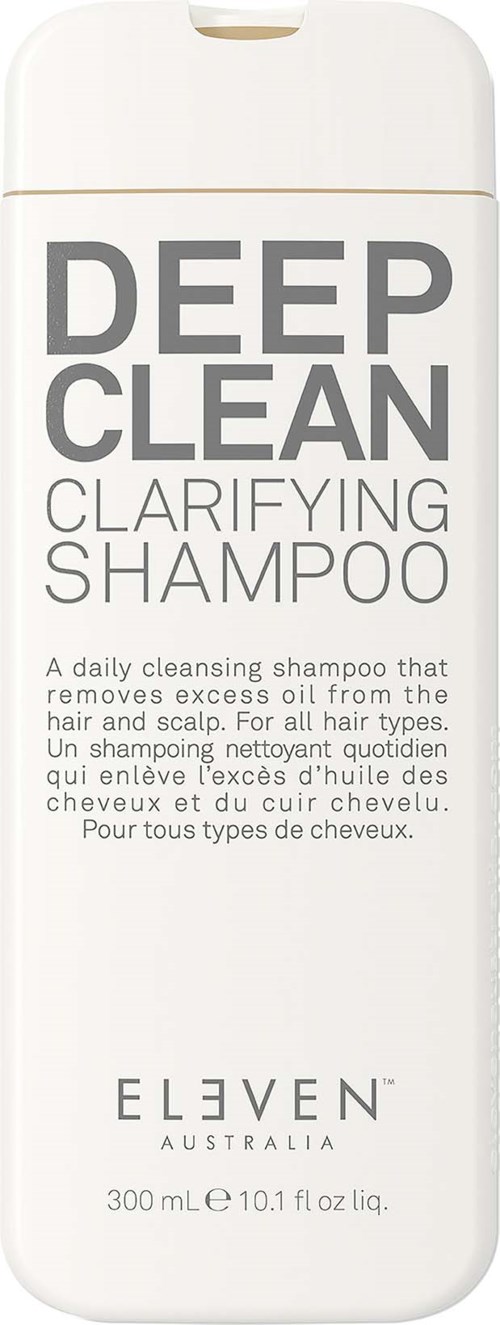 A white bottle of Deep Clean Clarifying Shampoo by Eleven Australia, 300ml size, for removing excess oil from hair.