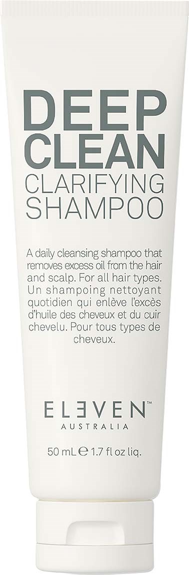 A white shampoo bottle with grey and black text, labeled 'Deep Clean Clarifying Shampoo' by Eleven Australia.