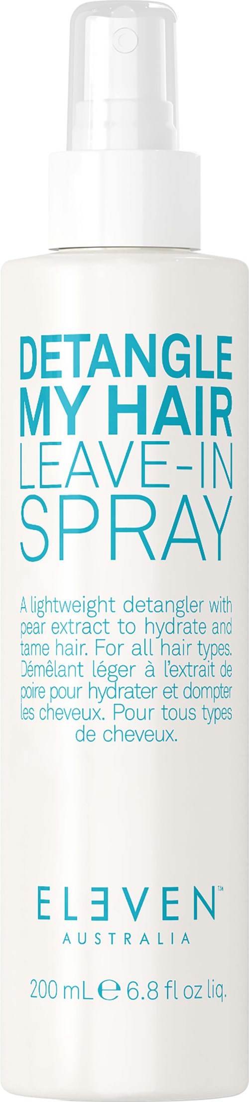 Eine weiße Sprühflasche mit blauer Beschriftung für Haarentwirrung und Leave-in-Spray.