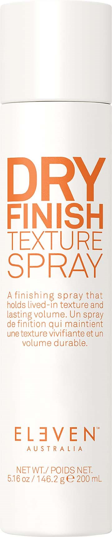 A white spray can with orange and black text for dry finish texture spray. It has branding and usage description.