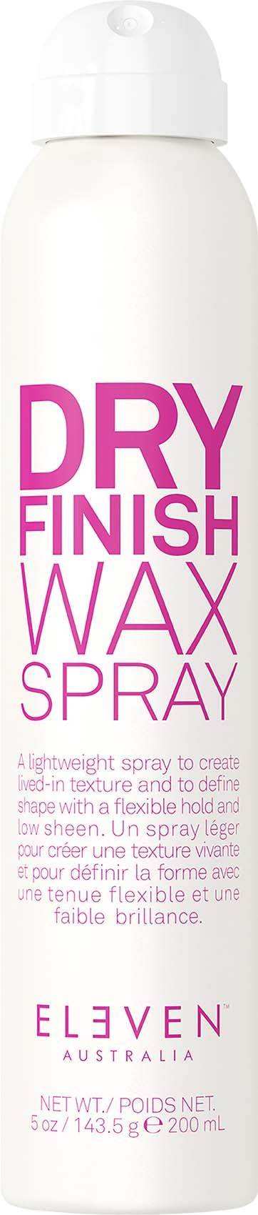 Ein weißer Sprühbehälter mit rosa Text, der "Dry Finish Wax Spray" sagt und Informationen zur Anwendung.