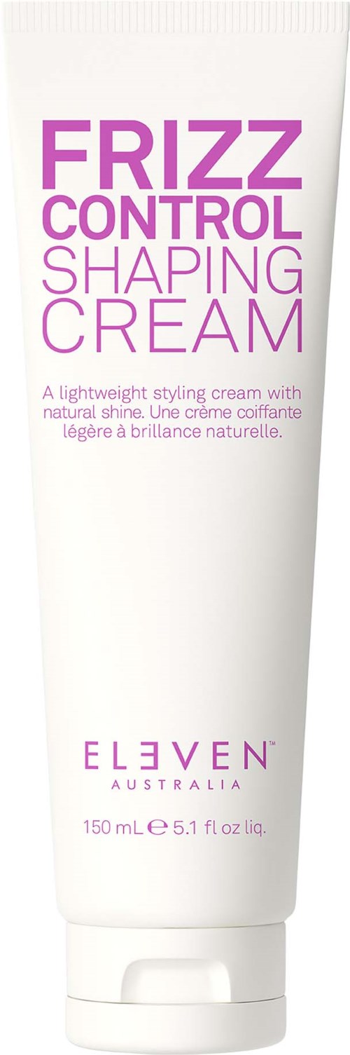Eine weiße Tube mit Haarkreme, lila Text sagt 'Frizz Control Shaping Cream' von Eleven Australia, 150 ml.