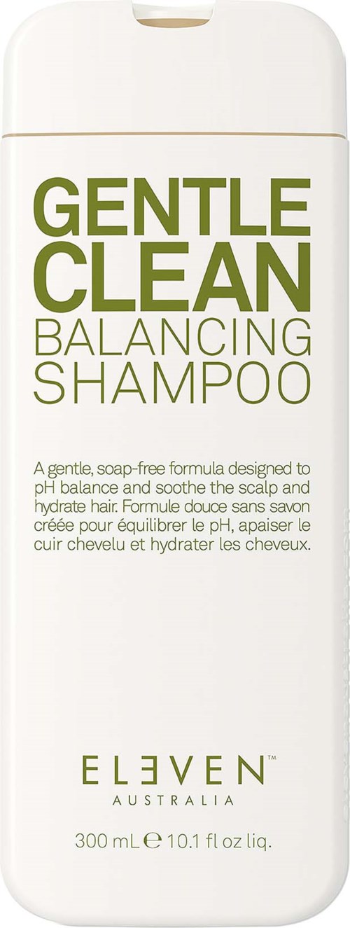 Eine weiße Shampoo-Flasche mit grüner und grauer Schrift über sanftes ausgleichendes Shampoo von Eleven Australia.