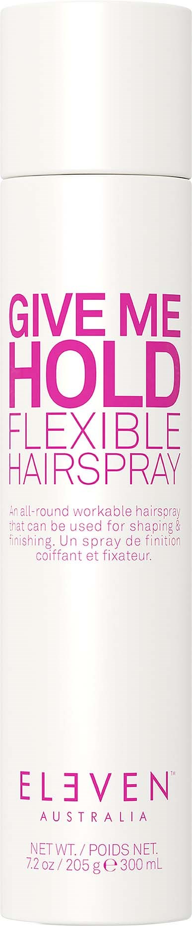 Eine weiße Haarspraydose mit pinkem und schwarzem Text, sagt 'Give Me Hold' und 'Flexible Hairspray.'