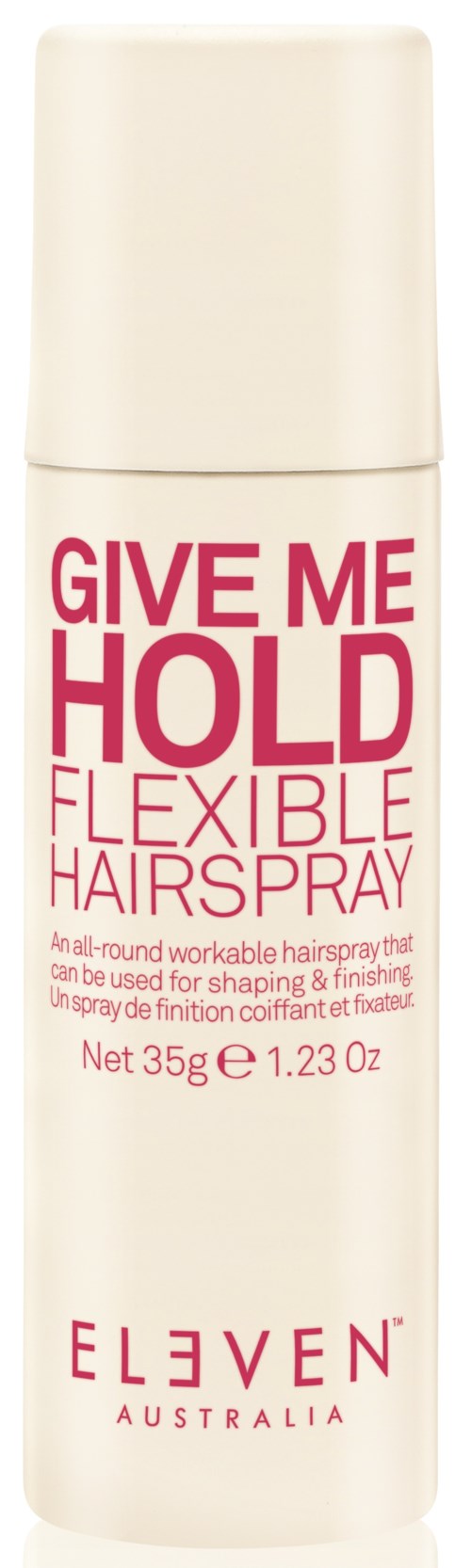 En vit sprayflaska för hårspray med rosa och röda texter som säger "Give Me Hold Flexible Hairspray".