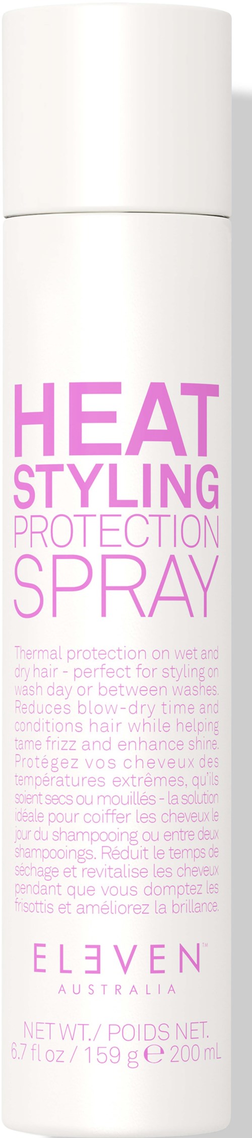 Eine weiße Spraydose mit der Aufschrift 'Heat Styling Protection Spray' von Eleven Australia, für den Hitzeschutz der Haare.
