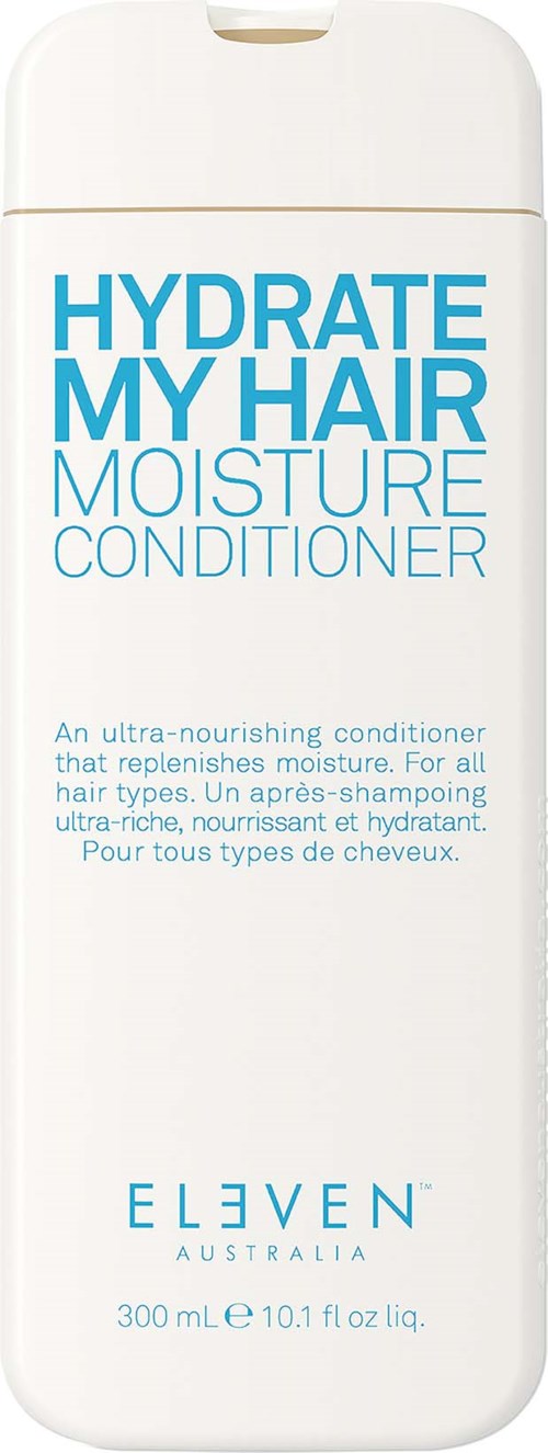 Eine weiße Flasche mit der Aufschrift 'Hydrate My Hair Moisture Conditioner' in blauer Schrift, Marke 'ELEVEN Australia', 300 mL.