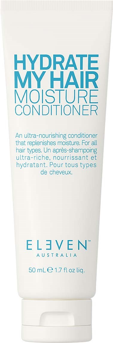 A white tube of hair conditioner with blue text, labeled "Hydrate My Hair Moisture Conditioner" from Eleven Australia.