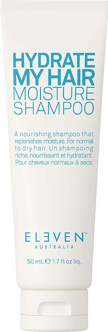 Eine weiße Tube mit feuchtigkeitsspendendem Shampoos für Haare mit blauer Schrift, Markenname Eleven Australia, und Informationen zu Feuchtigkeit und Größe.