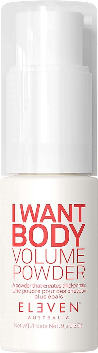 Eine weiße Flasche mit Pumpverschluss, beschriftet "I WANT BODY VOLUME POWDER" in roter Schrift.