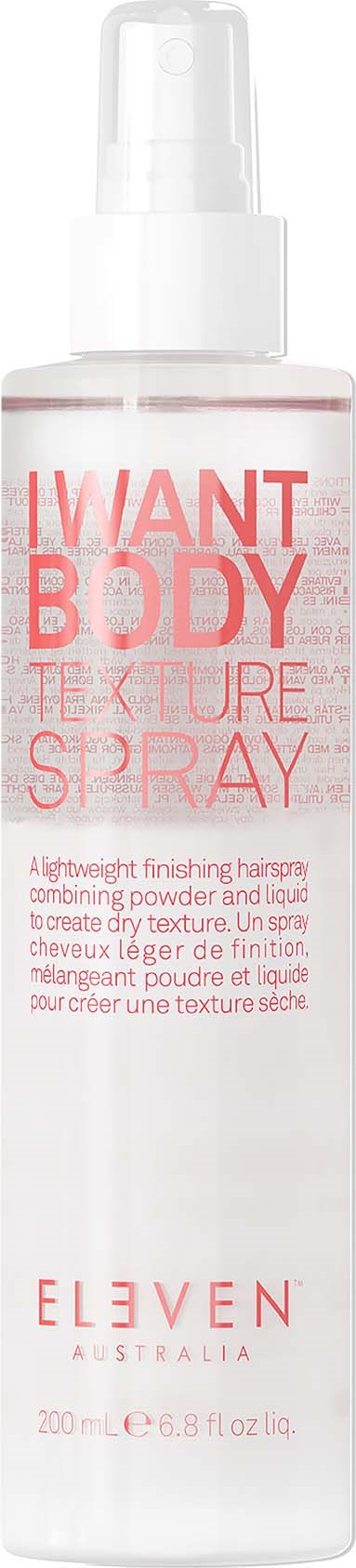 A white spray bottle with red text saying "I WANT BODY TEXTURE SPRAY."