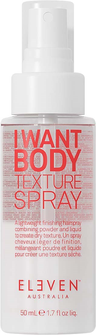 Eine weiße Sprühflasche mit rotem Text "I WANT BODY TEXTURE SPRAY" und Anweisungen. Marke ELLEMENT AUSTRALIA. 50ml.