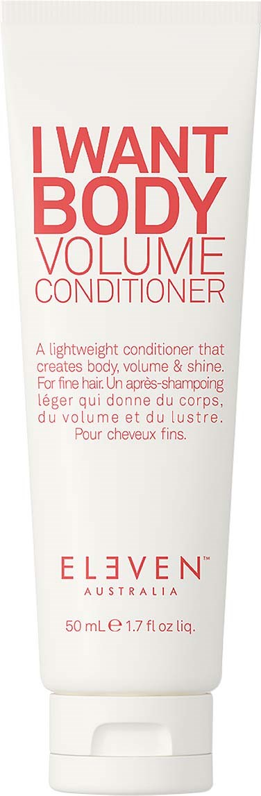 Ein weißer Tuben Volumen Conditioner mit roten Text, Marke ELLEVEN, aus Australien, 50 ml.