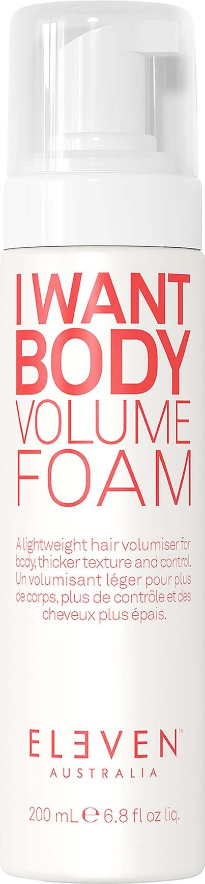 A white can with red and black text that says, "I WANT BODY VOLUME FOAM," used for hair. Clear cap.