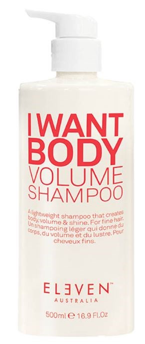 En vit flaska med pump, märkt 'I WANT BODY VOLUME SHAMPOO', från Eleven Australia, 500 ml.