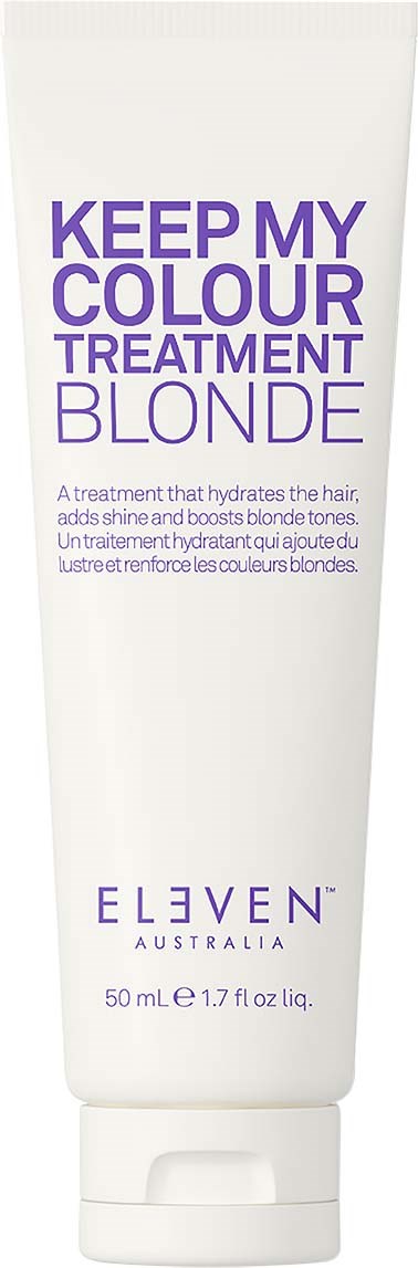 A white tube labeled 'Keep My Colour Treatment Blonde' from ELEVEN Australia, 50ml container.