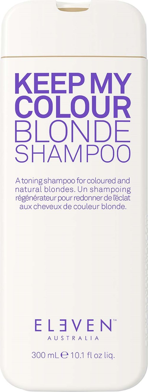 A white shampoo bottle with purple text that says "Keep My Colour Blonde Shampoo" and brand name Eleven Australia.