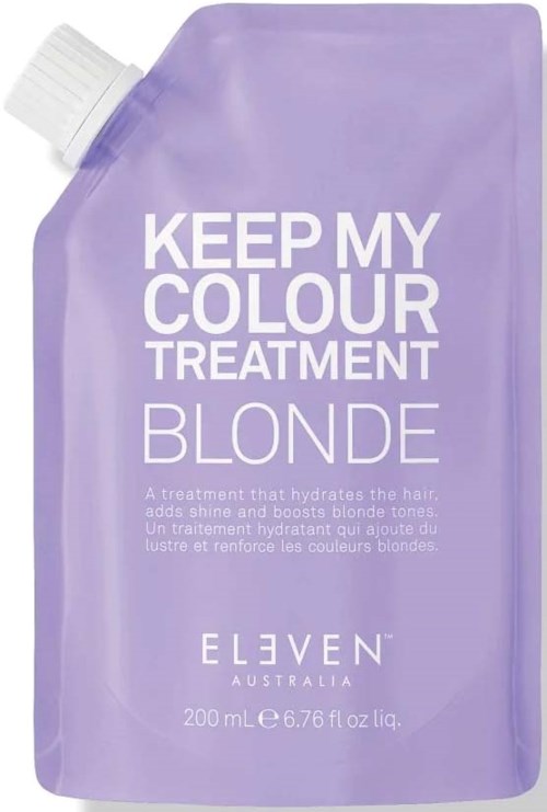 A purple hair treatment pouch labeled Keep My Colour Blonde, from Eleven Australia, containing 200 mL.