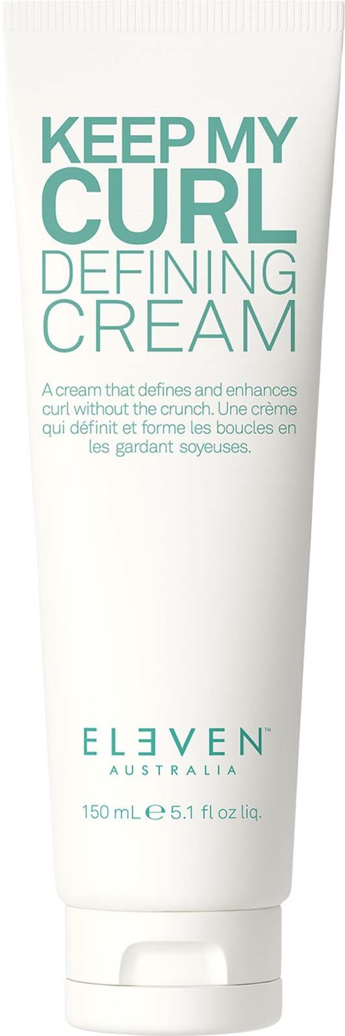 A white tube of curl defining cream with teal text, brand name ELLEVEN, and volume 150 ml.