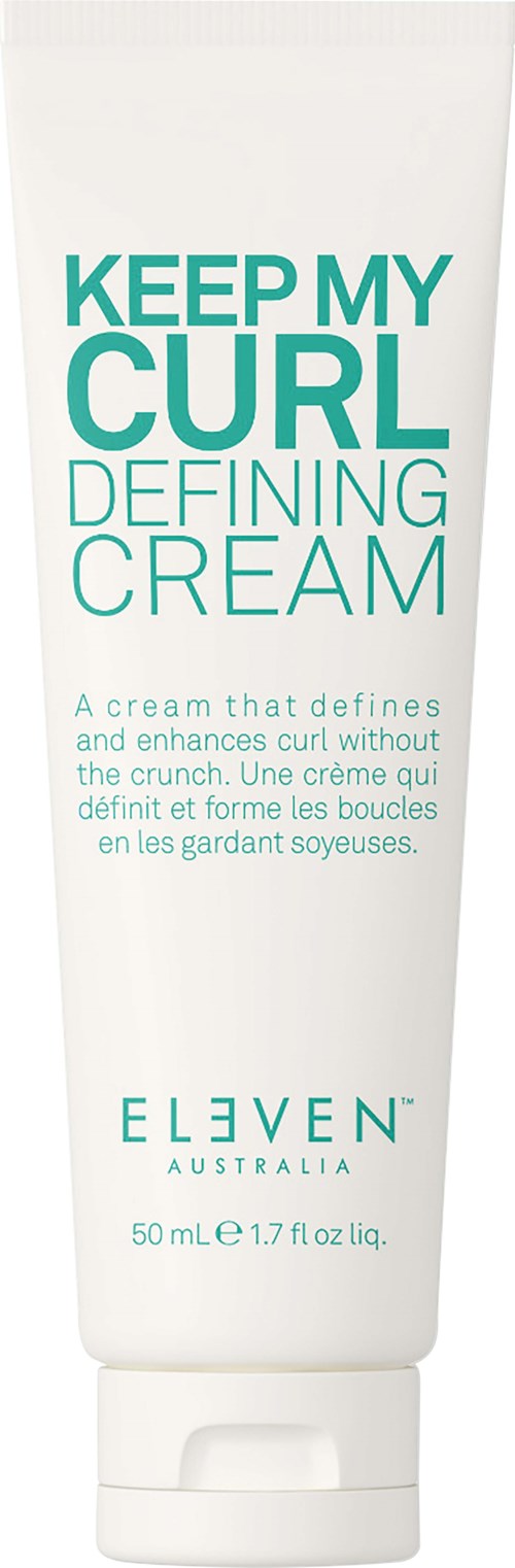 Eine weiße Tube mit Locken definierender Creme mit türkisem Text und Markenname ELEVEN Australia.