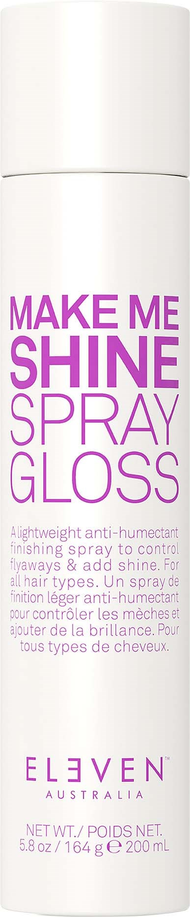 Eine weiße Flasche mit lila Schrift, beschriftet "Make Me Shine Spray Gloss" für Haarglanz und Schutz.