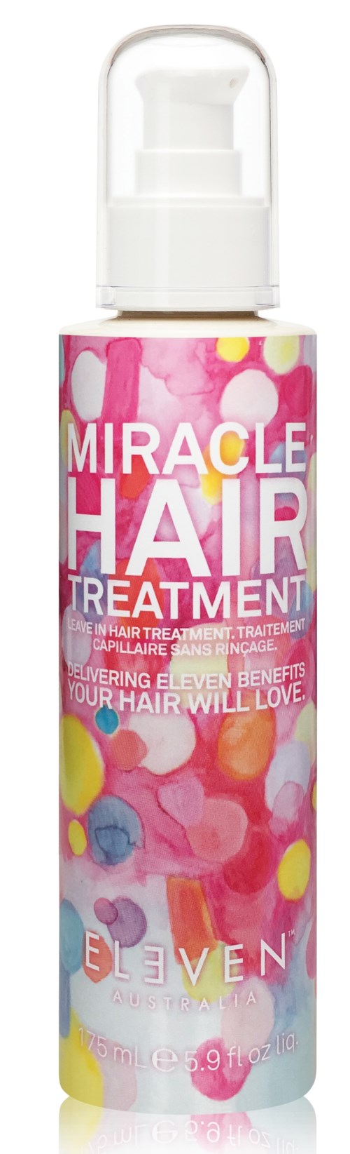 En färgglad flaska med Miracle Hair Treatment med pump, med en design i rosa, gult och blått.