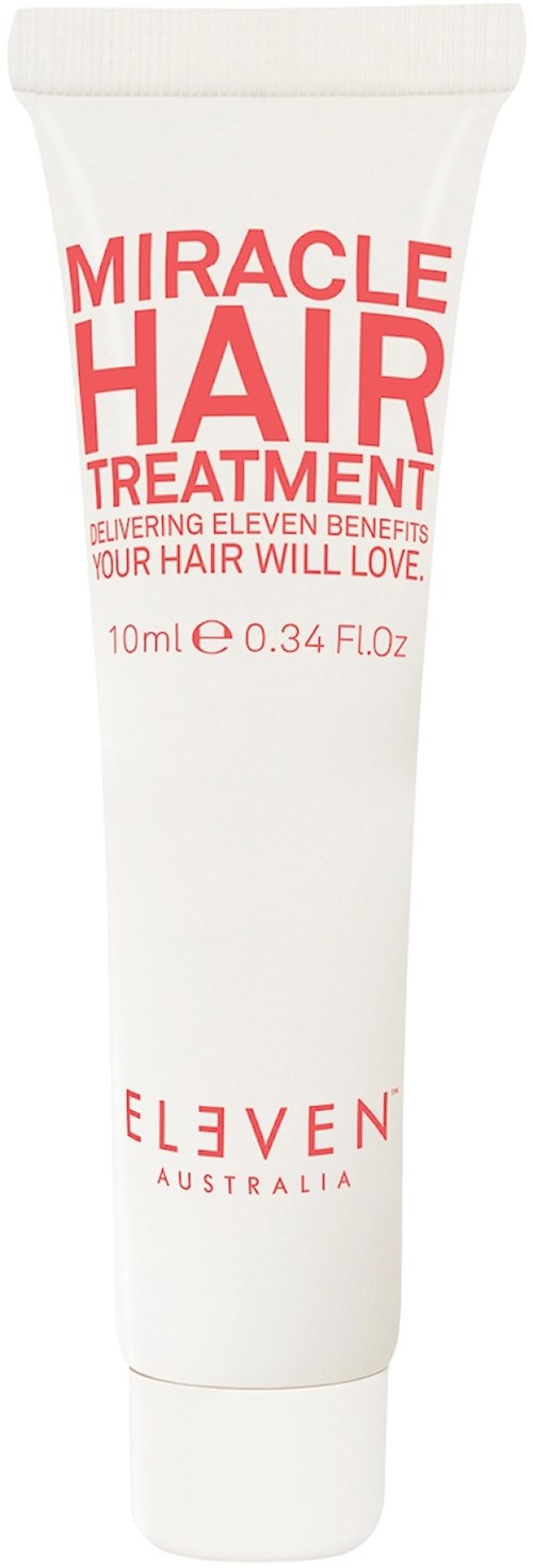 Vit tub med Miracle Hair Treatment med röd och svart text, som marknadsför hårfördelar, innehållande 10 ml.